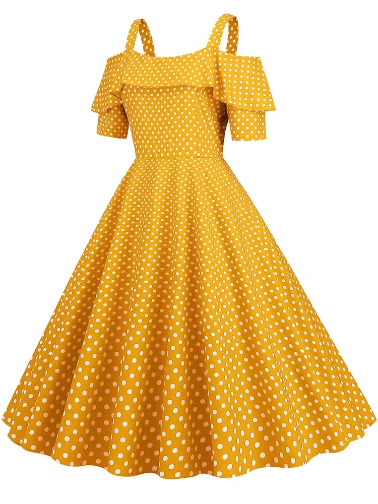 Off-Shoulder Elegant Vintage Party Dress – Women’s Summer Polka Dot Ruffles A-Line Midi Dress