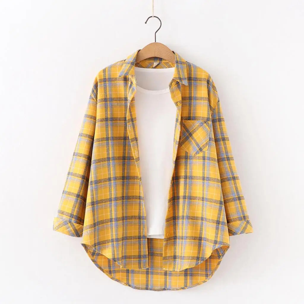Fresh Flannel Plaid Shirt for Women | 2025 Loose Cotton Long Sleeve Casual Blouse & Top