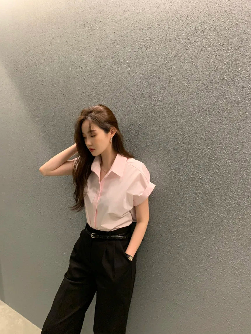 Chic Summer Loose Women’s Shirt | Classic Pure Color Professional Blouse with Small Lapel Collar
