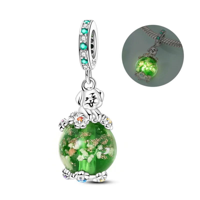 925 Sterling Silver Luminous Fairy Cat Owl Dragon Glass Charm | Original Design Bead for Bracelet DIY Jewelry