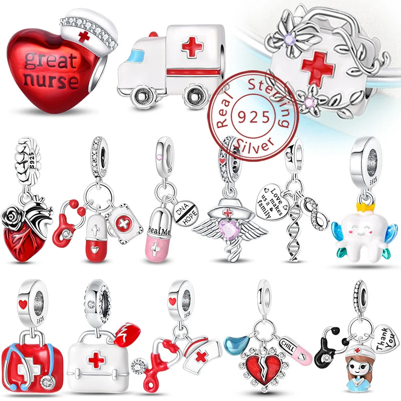 Doctor Nurse 925 Sterling Silver Charms Beads | Original Trendy Medical Pendant for DIY Bracelet Jewelry