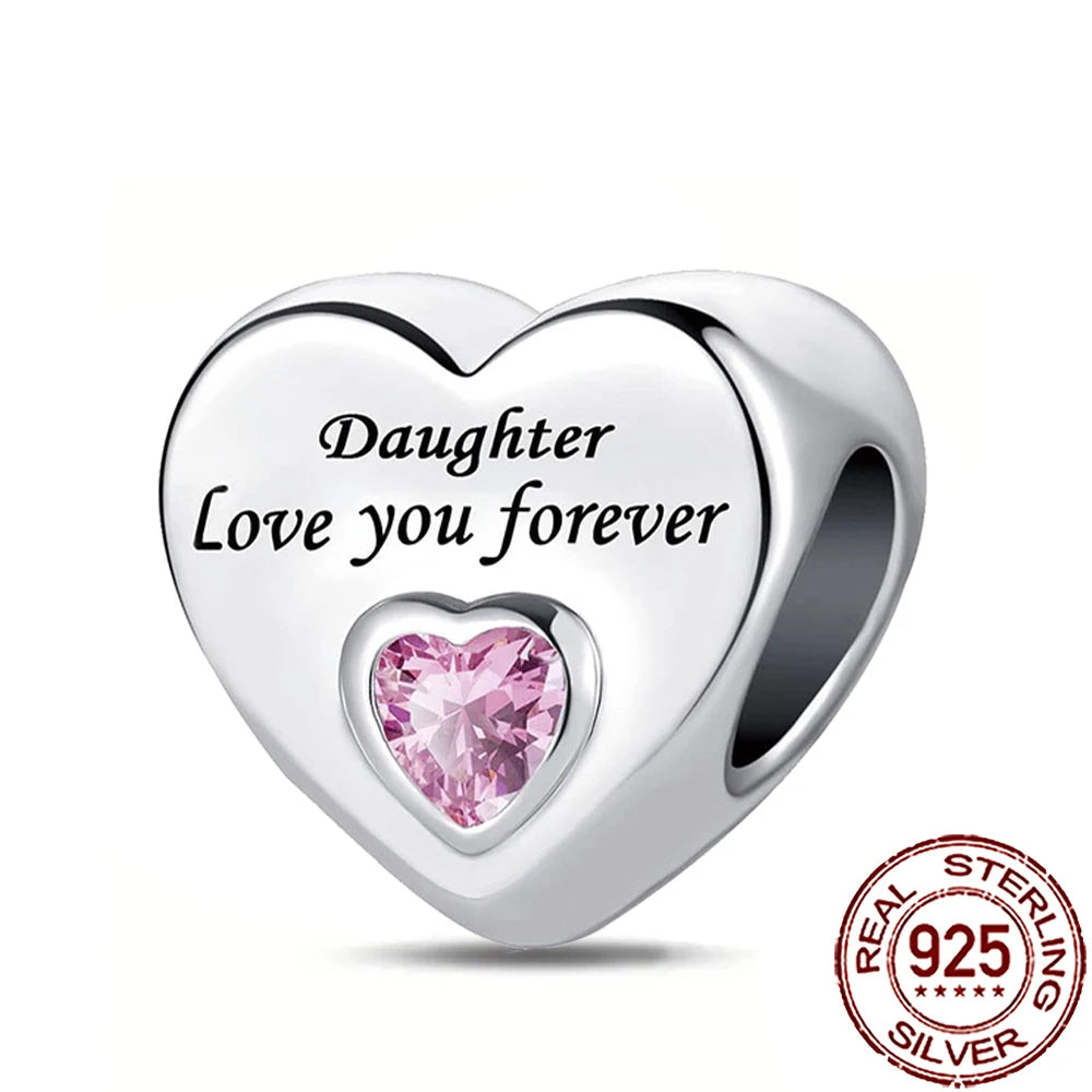 2025 New 925 Sterling Silver Family Love Heart Charm Beads | Sister, Daughter & Mother Pendant for Bracelets & DIY Jewelry