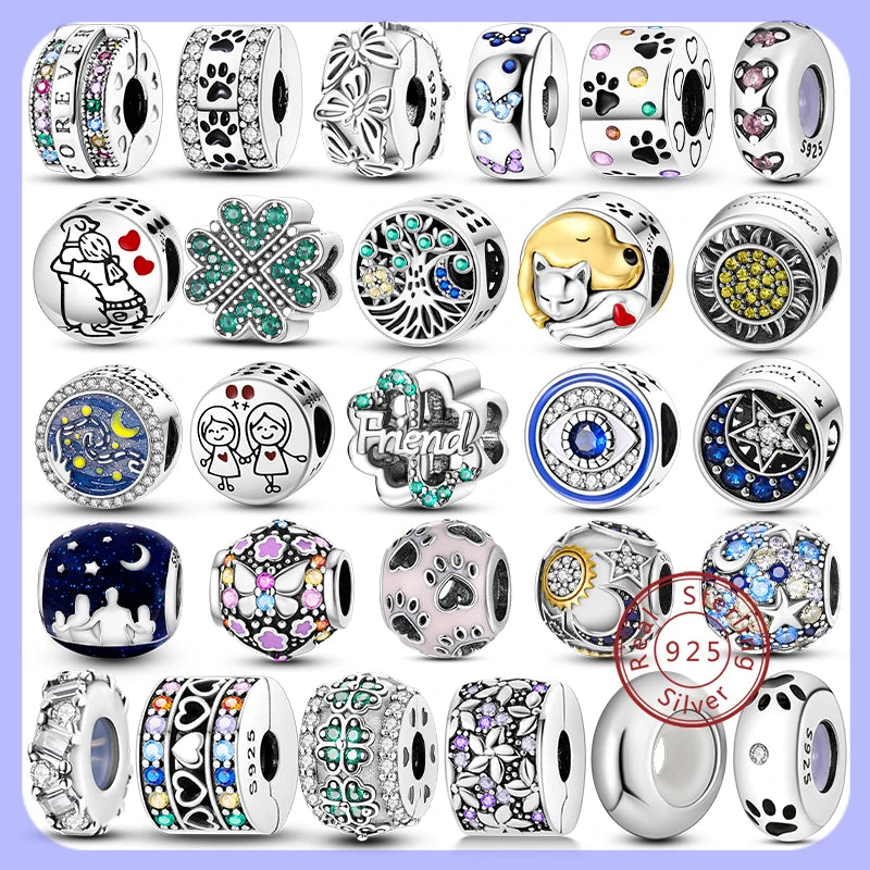 925 Sterling Silver Safety Chain & Clip Charms – CZ Pave Round Beads Fit Pandora Bracelet DIY Jewelry Making