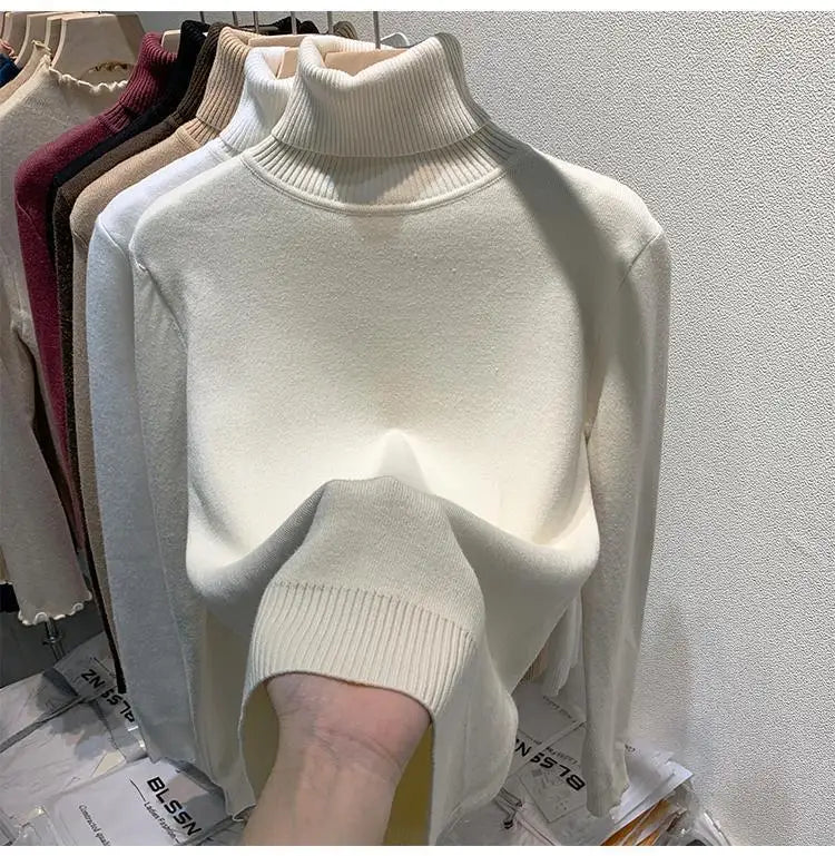 2025 Women’s High Collar Pullover Sweater – Thick Warm Soft Winter Top | Solid Color Bottoming Shirt