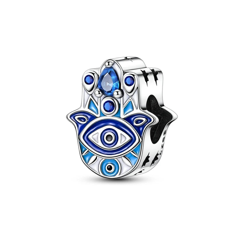 Blue 925 Sterling Silver Rotating Evil Eye Palm Moon Starry Sky Charms | Fit Original Bracelet Pendant Women Jewelry