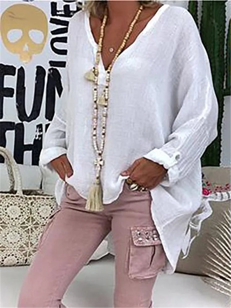 Women’s Loose V-Neck Long Sleeve Blouse | 6-Color Casual Solid Top for Spring & Autumn