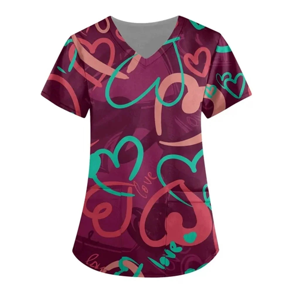 Women’s Heart Print Medical Top ❤️ V-Neck Short Sleeve Nursing Uniform ✨