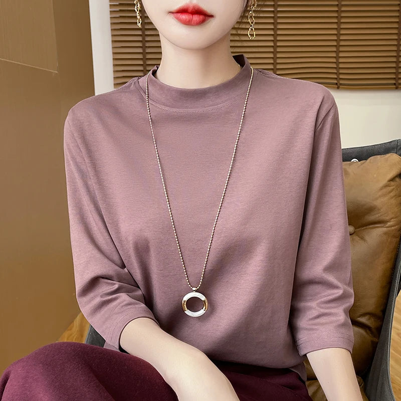 Women’s Cotton T-Shirt | Semi-High-Neck Cropped Sleeve Top | Loose Solid Color Summer & Autumn Bottoming Tee