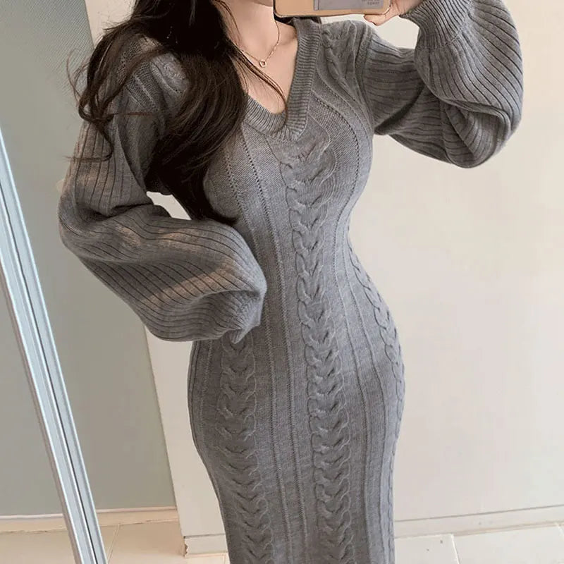 Women's V-Neck Knitted Sweater Bodycon Dress – Autumn Winter Long Lantern Sleeve Slim Fit Fashion Dress