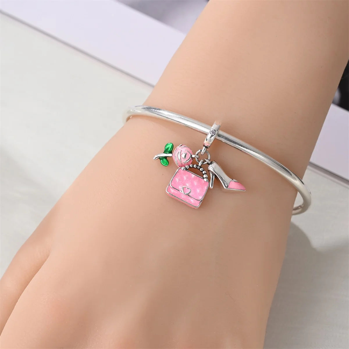 Romantic Pink Flowers 925 Sterling Silver Charms | Bag Lipstick Heart Bow Rose Bead Fit Original Bracelet DIY Jewelry Gift