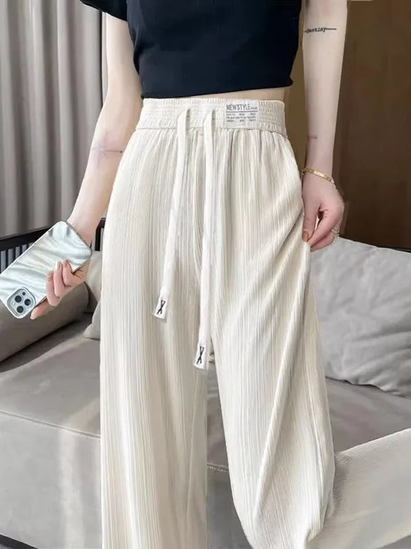 New 2025 Women’s Ice Silk Wide Leg Pants – High Waist Loose Thin Straight Casual Korean Trousers