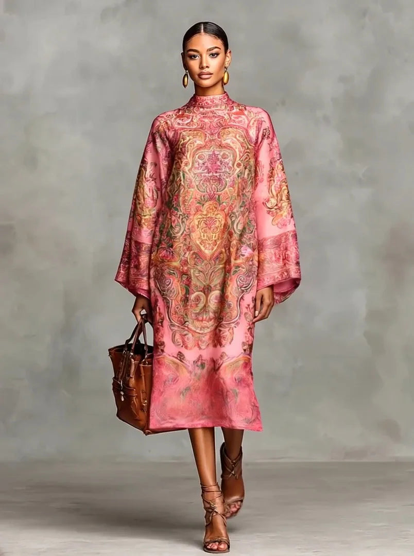 Fashion Print Long Dress for Women – 2025 Autumn Long Sleeve Loose Half High Collar Maxi Dress | Elegant Robe Femme