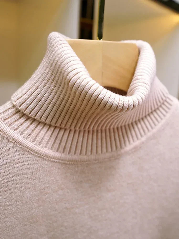 Women Winter Thicken Turtleneck Sweater – Slim Knit Plush Velvet Lined Warm Pullover Jumper