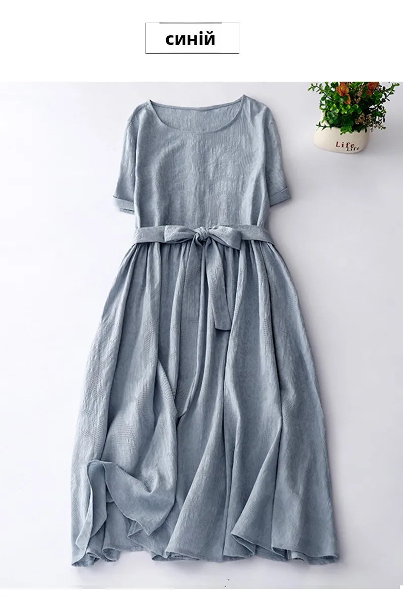 Japanese Style Loose Cotton Linen Dress – Women’s Vintage A-Line Over-Knee Long Dress with Round Neck