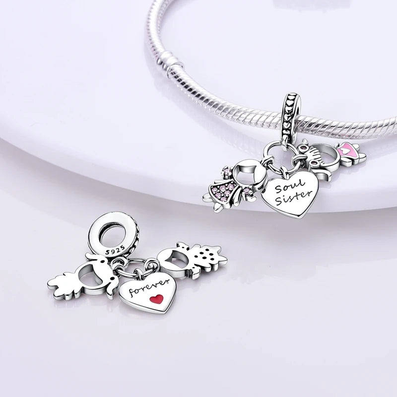 Original 925 Sterling Silver Girls Charms | Love Heart & Family Bead Pendant for Bracelets, Women’s Jewelry Gift