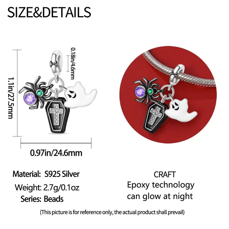 925 Sterling Silver Halloween Luminous Skull & Pumpkin Charms | Fits Original Pandora Bracelet | Party DIY Jewelry Gift