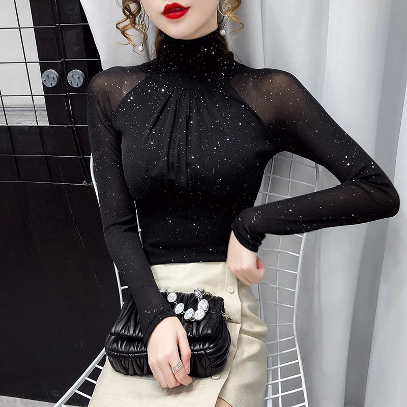 Korean Fashion Women’s Mesh High Neck Top – Sexy Black Silk Casual Bottoming Shirt 🌿✨