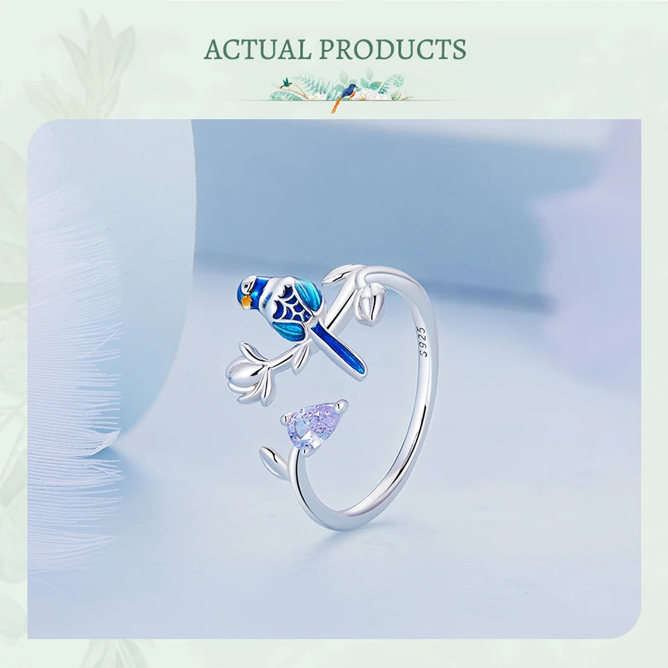 BISAER 925 Sterling Silver Floral Bird Open Ring | Adjustable White Gold Plated Flower Band for Women – Fine Party Jewelry