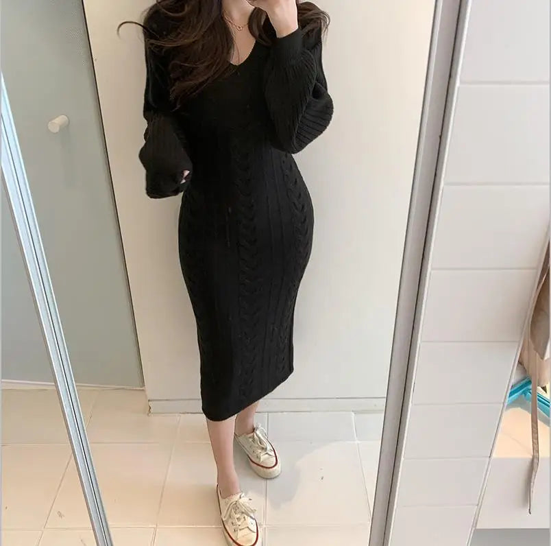 Women's V-Neck Knitted Sweater Bodycon Dress – Autumn Winter Long Lantern Sleeve Slim Fit Fashion Dress