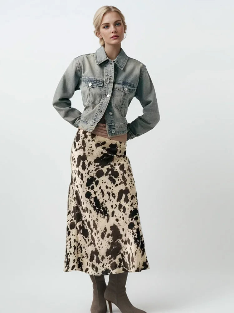 2024 Spring Summer Women’s High Waist Animal Print Silk Satin Midi Skirt | Fashion Niche Skirt