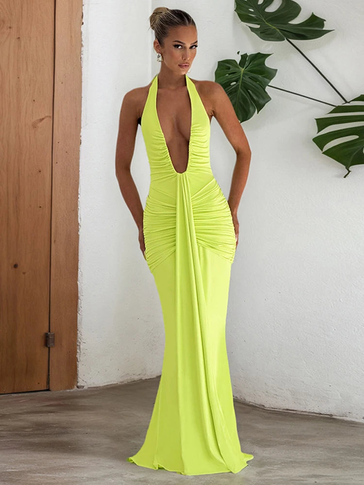 Weird Puss Backless Tassel Dress for Women – Peach Buttock Pleated Halter Sleeveless Party Vestido | Midnight Clubwear