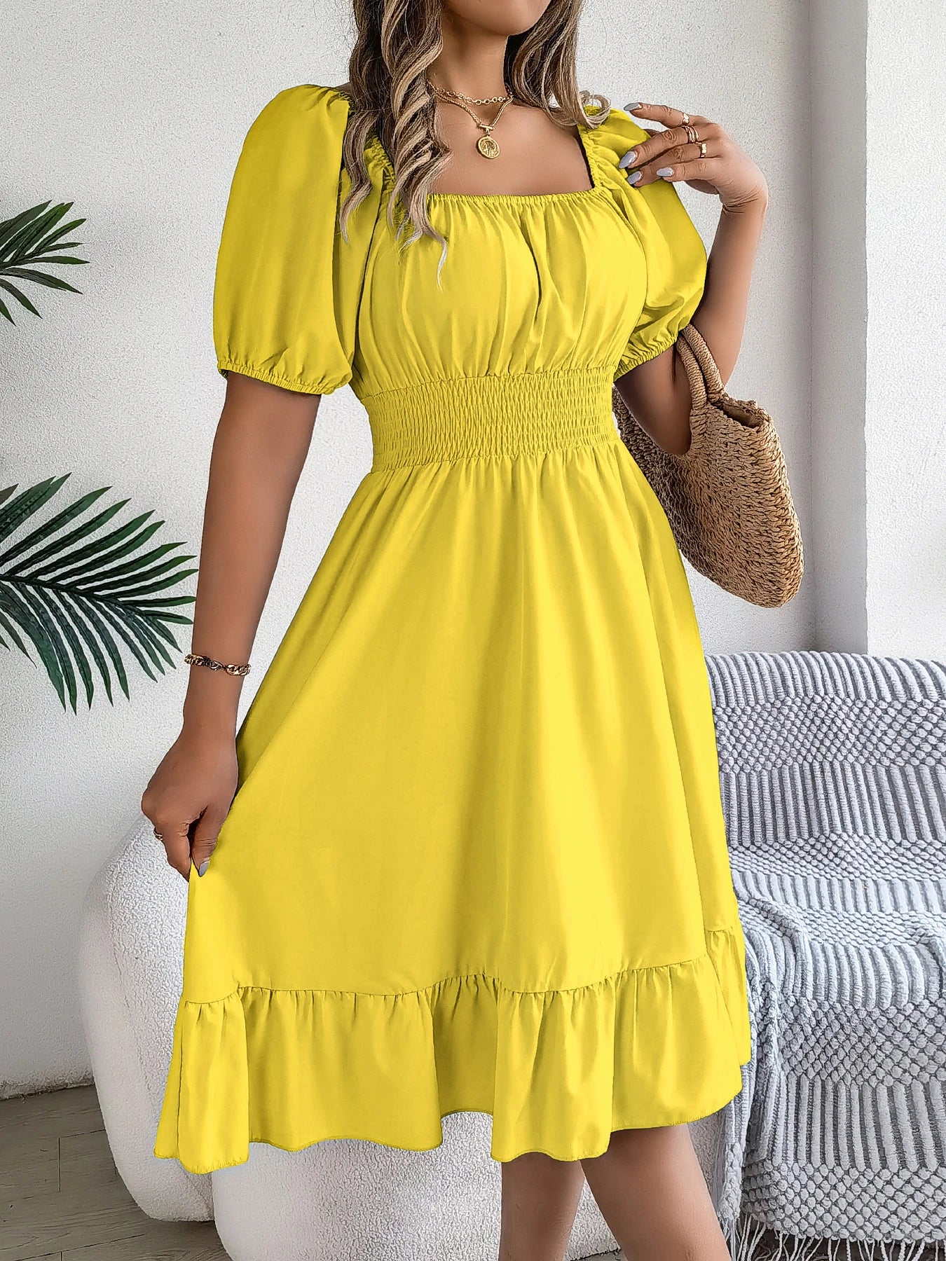2026 Women’s Elegant High-Waisted Dress – Square Neck, Short Sleeve, Ruffled Edge Long Dress | Spring Summer Valentine’s Day