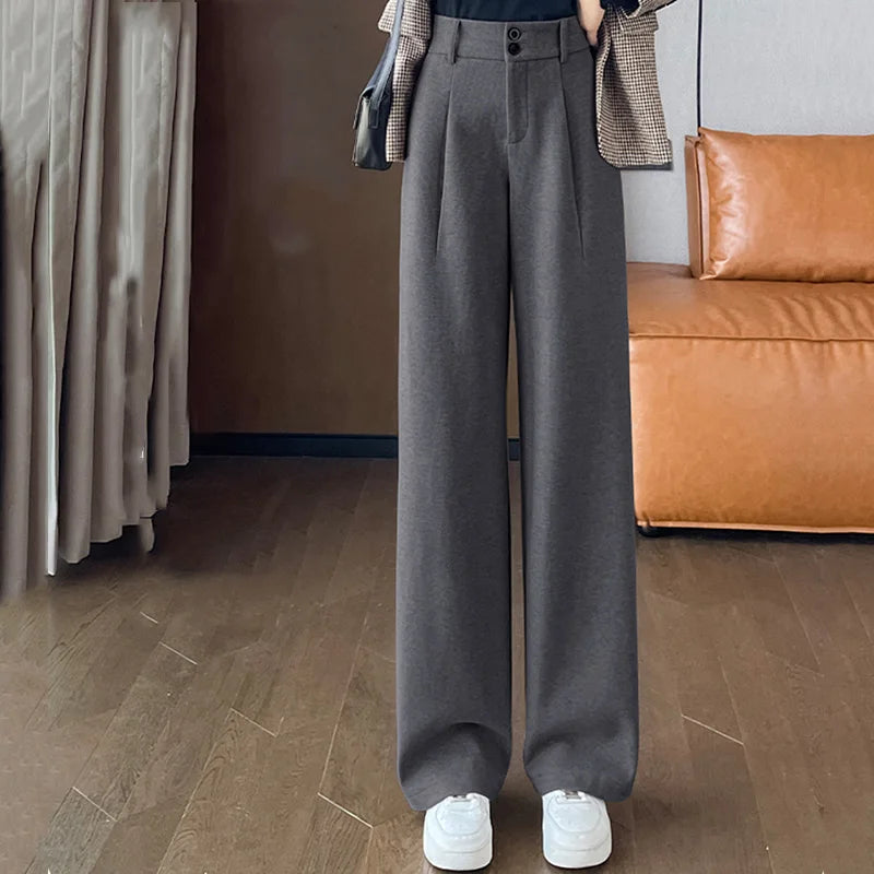 2024 Autumn Winter Women’s Woolen Wide Leg Pants – High Waist Thick Draping Trousers