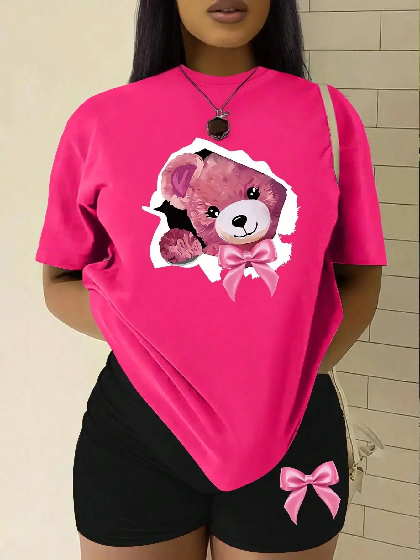 Women’s Pink Bow Teddy Bear T-Shirt & Shorts Set – Cotton 2-Piece Summer Outfit 🧸🌸