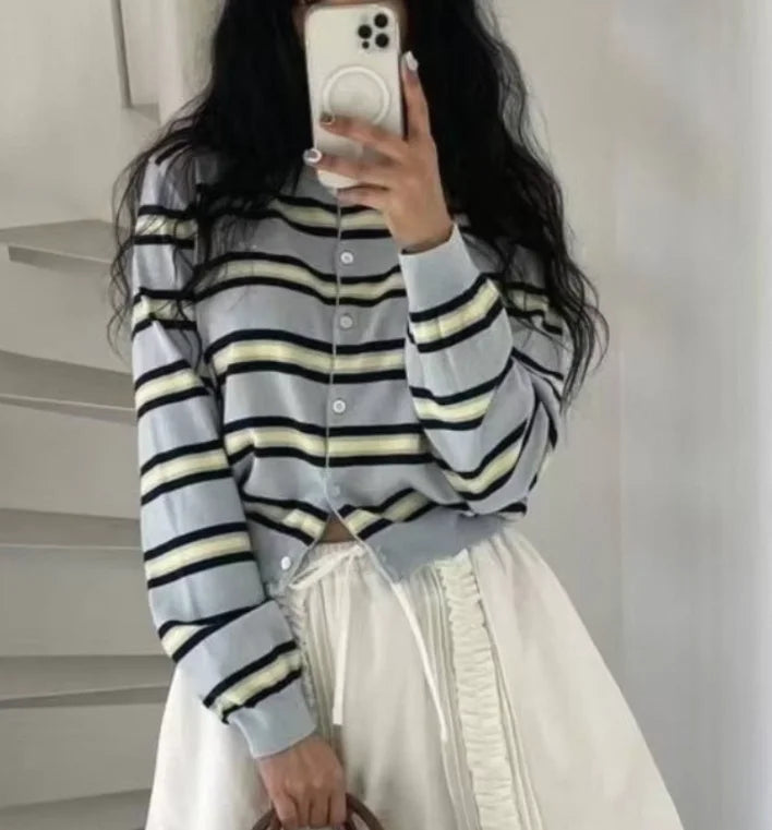 Women's Striped Knitted Cardigan | Chic Spring Button-Up Sweater | Soft Classic Open Front Knitwear