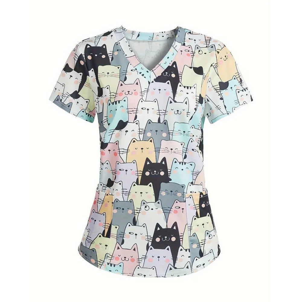 Women’s Medical Scrub Top – Cute Cartoon Print V-Neck Short Sleeve Nurse Dental Uniform 🩺🎀