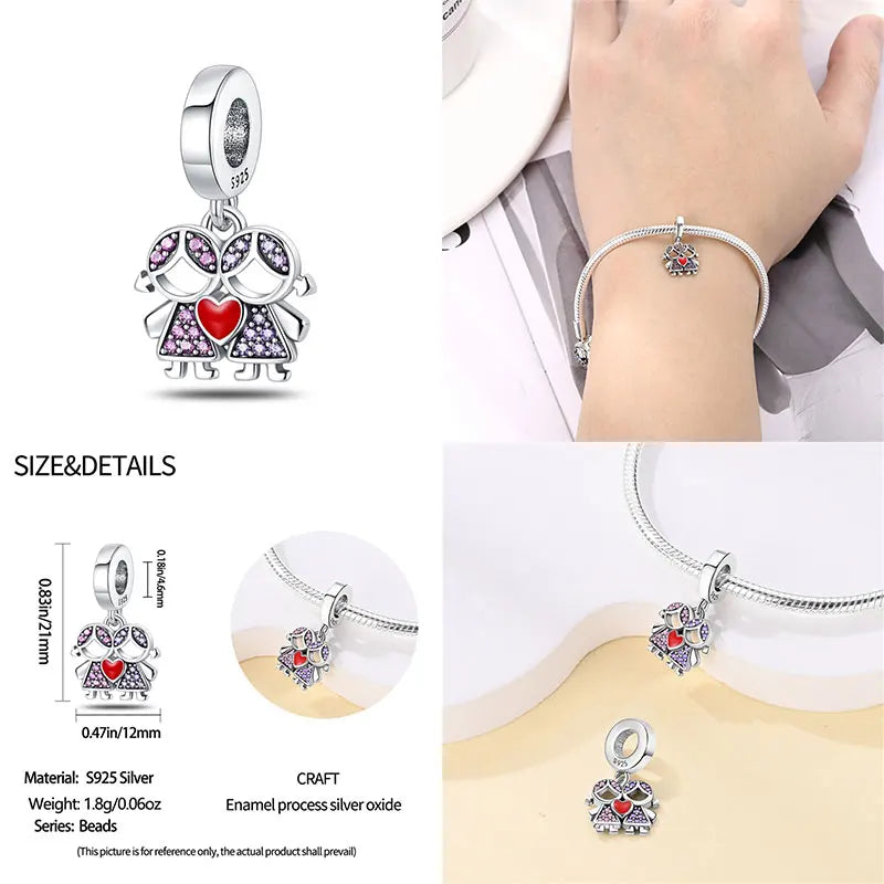 925 Sterling Silver Sweetheart Sister Charm | Fit Original Pandora & 3mm Bracelets DIY Jewelry Gift for Women