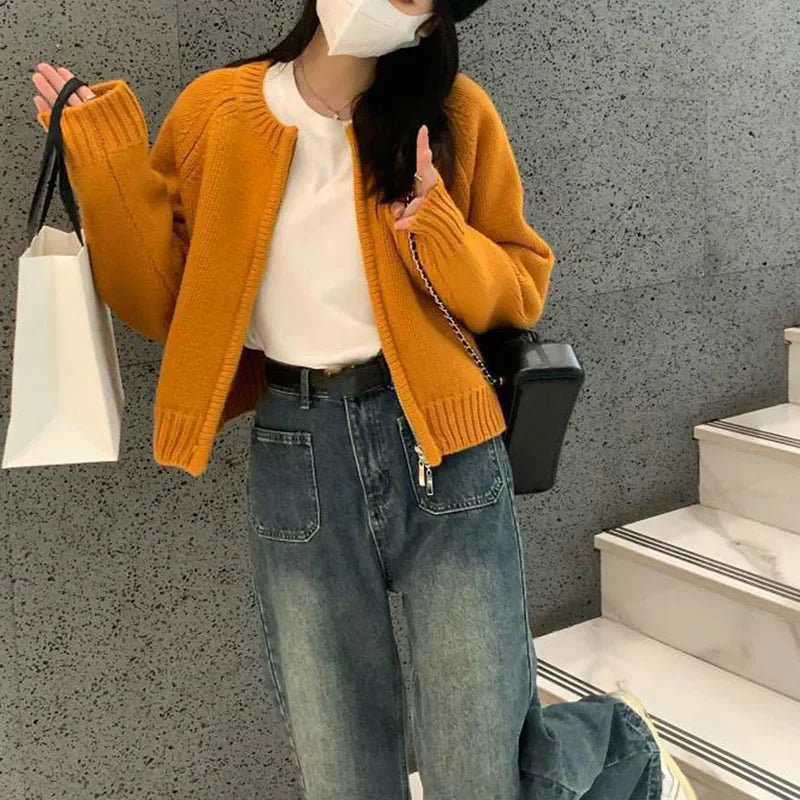 Women's Short Knitted Cardigan 2025 | Autumn Winter Solid Color Zipper Sweater Jacket