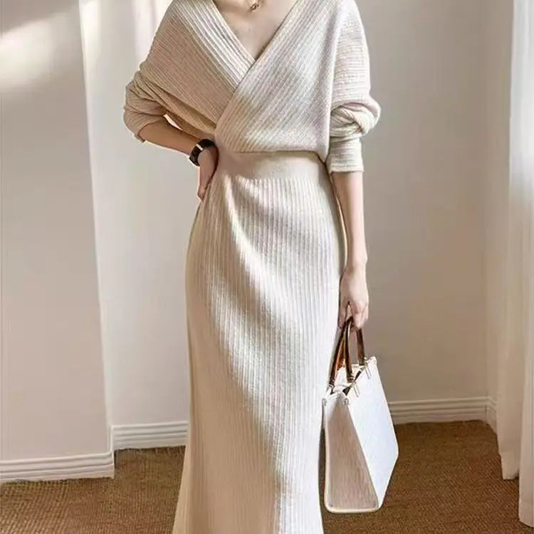 Loose V-Neck Pure Color Knitted Long Dress – Women’s Korean Style Autumn Winter Frock | Inner Wear Top New Arrival