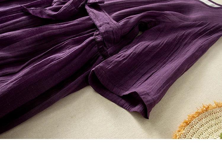 Women’s Summer Lightweight Cotton Dress – Long Sleeve Loose Waist A-Line Retro Dress with Belted Splice