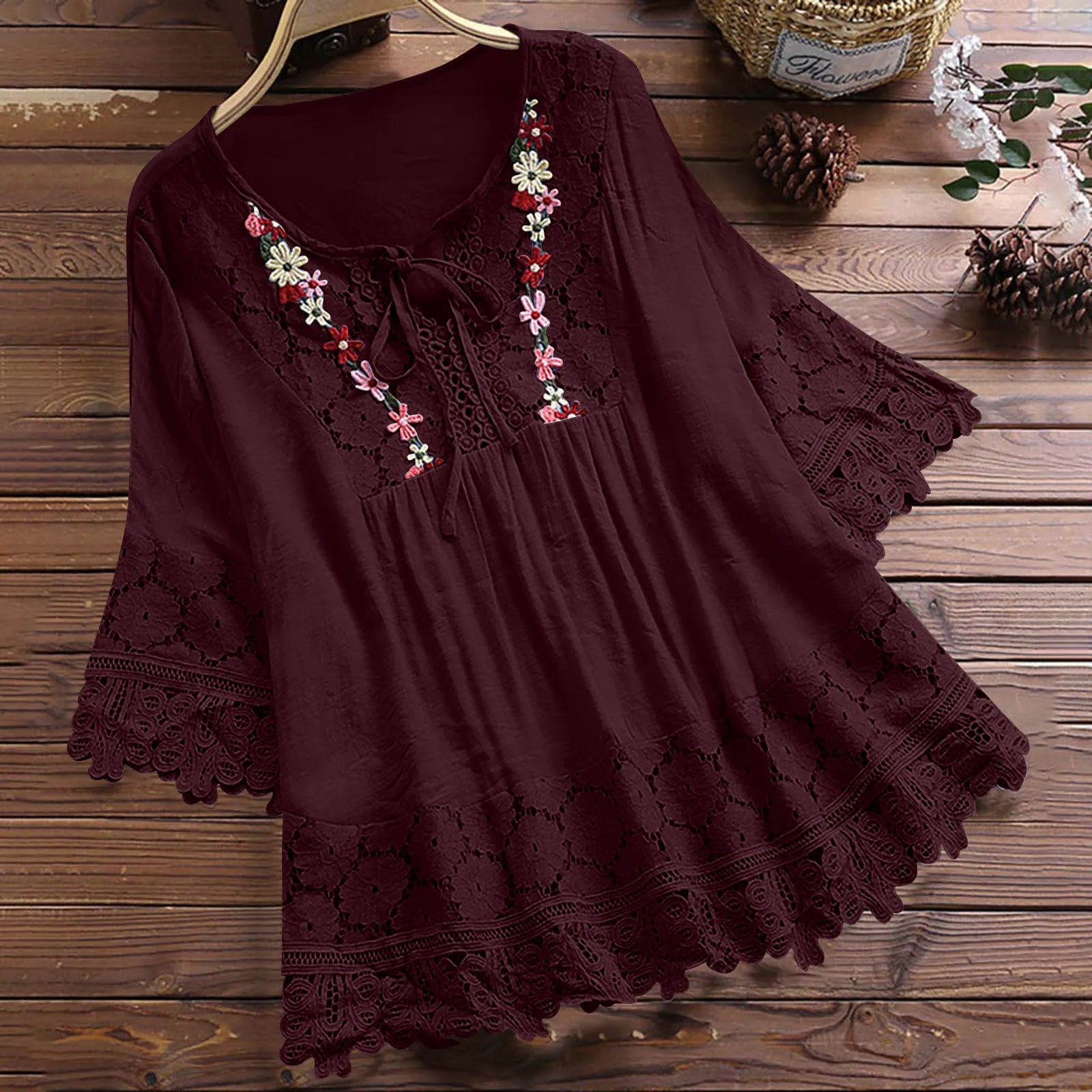 Summer Women Casual V-Neck Blouse – Cotton & Linen Lace Flower Loose Top 🌸☀️