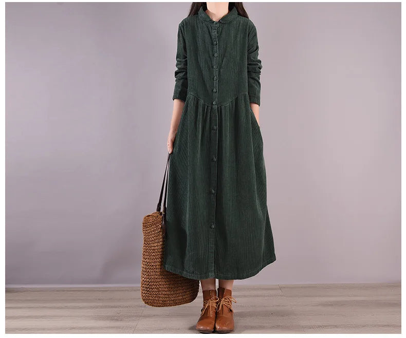 Retro Pure Color Corduroy Dr Loose Casual Long irt Dr Women's A-Line Skirt Long Sve  Collar Single Button Closure