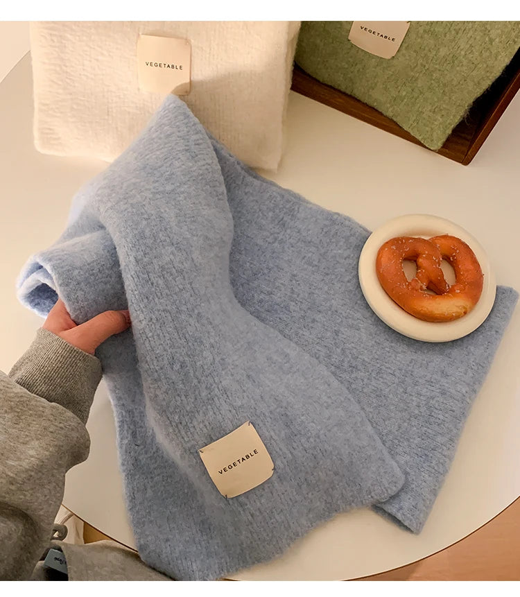 Warm Wool Blend Blue Knitted Scarf – Women’s Korean Style Winter Neck Warmer | Long Rectangle Color Scarf