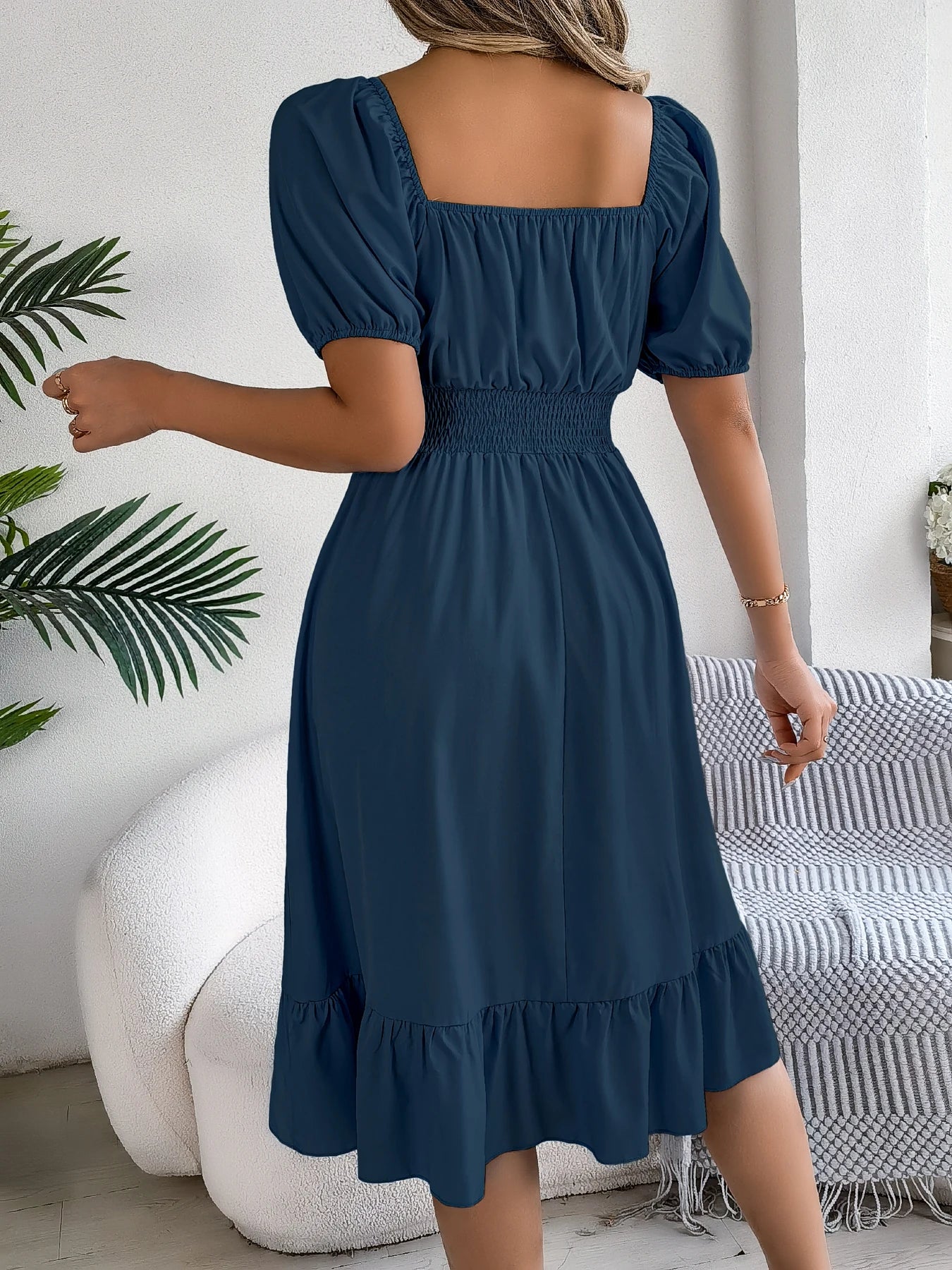 2026 Women’s Elegant High-Waisted Dress – Square Neck, Short Sleeve, Ruffled Edge Long Dress | Spring Summer Valentine’s Day