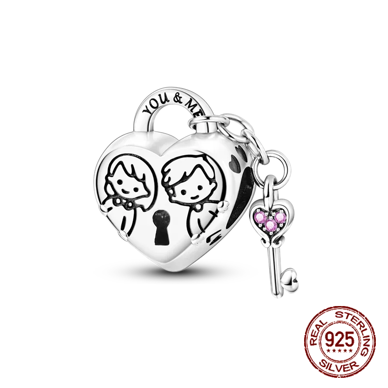 925 Sterling Silver Golden Heart Lock & Birthday Candle Charm | Fit Original Pandora Bracelet DIY Jewelry