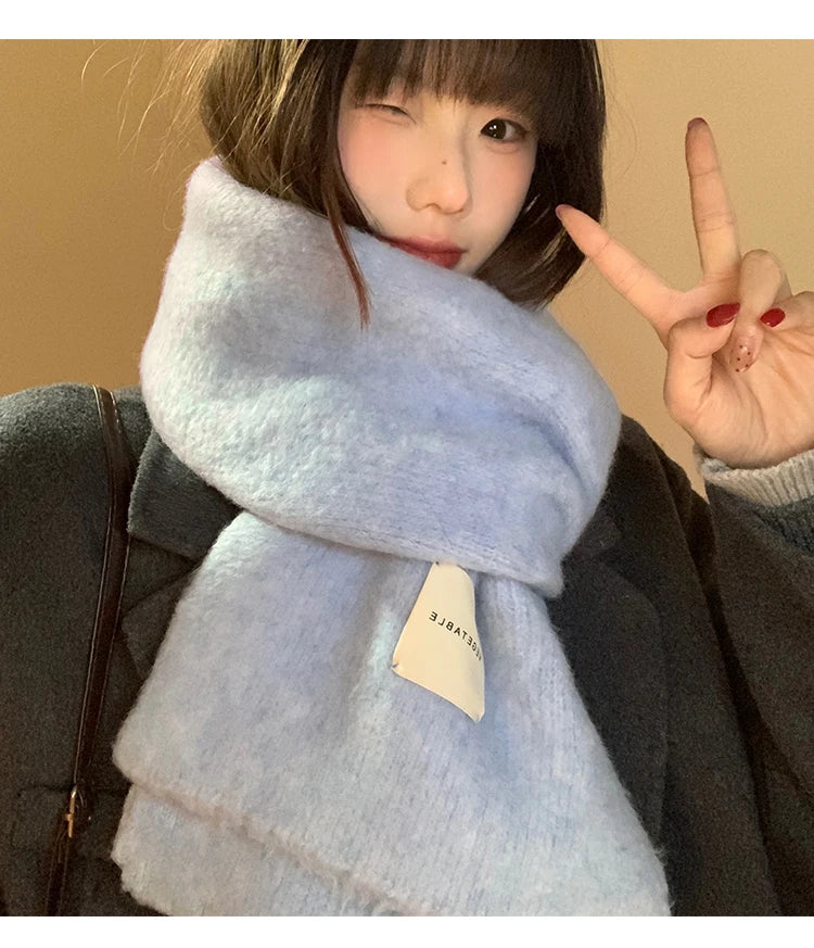 Warm Wool Blend Blue Knitted Scarf – Women’s Korean Style Winter Neck Warmer | Long Rectangle Color Scarf