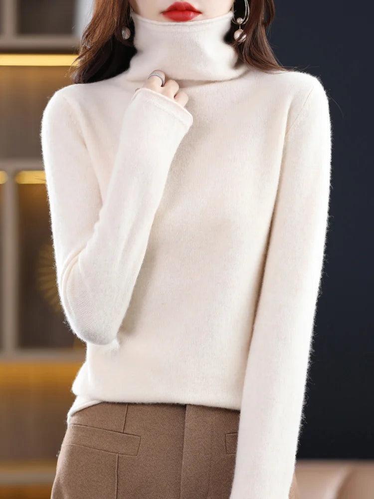 Women’s 100% Merino Wool Sweater – Autumn Winter Pile Collar Pullover Knitwear 🧶🍂