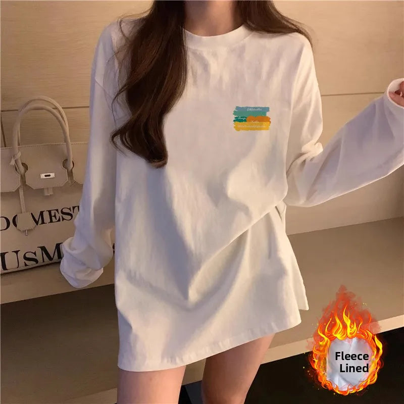 Women’s Long Sleeve Cotton T-Shirt | Fleece-Lined White Base Layer | Loose Fit Autumn Inner Wear