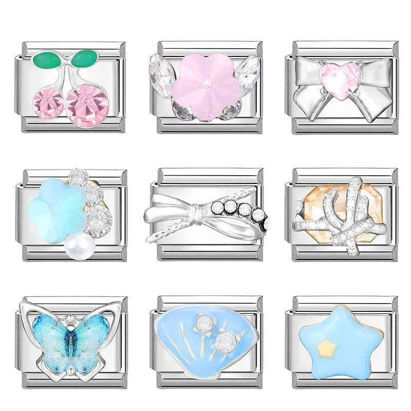 2025 Original Zircon Bow Knot Star Cherry Italian Charm | Stainless Steel 9mm Links DIY Modular Bracelet Jewelry Wholesale