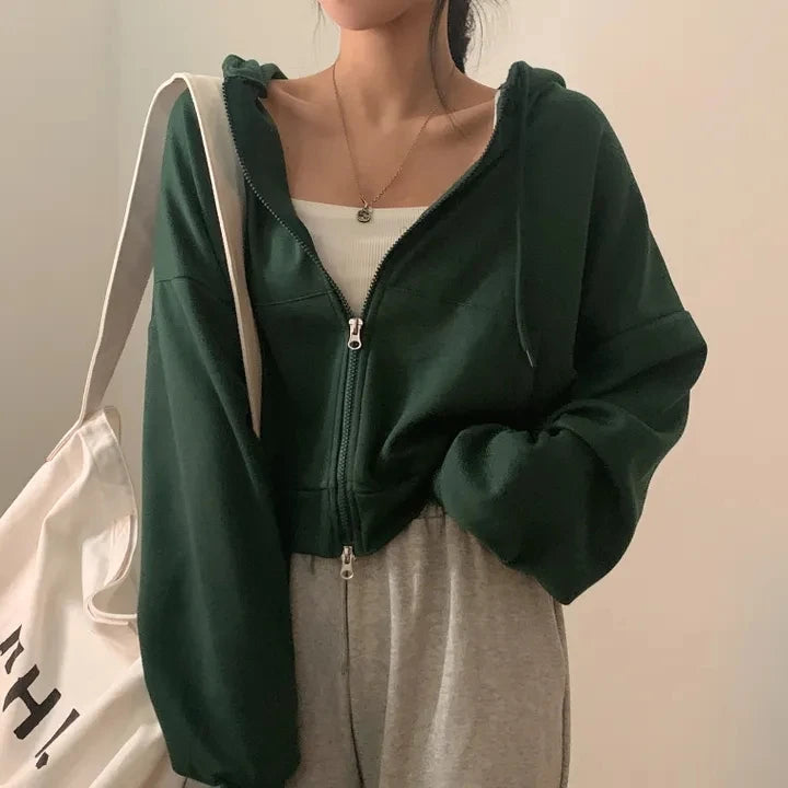 Chic Early Autumn Casual Long Sleeve Hoodie – Double Zipper Loose Versatile Cotton Pullover | Pure Color Commute Wear