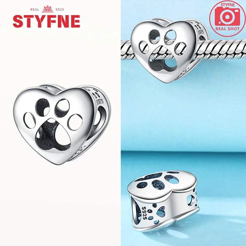 925 Sterling Silver Cat & Dog Paw Charms | Animal Pendant Beads Fit Pandora Bracelet | Women’s DIY Jewelry Gift