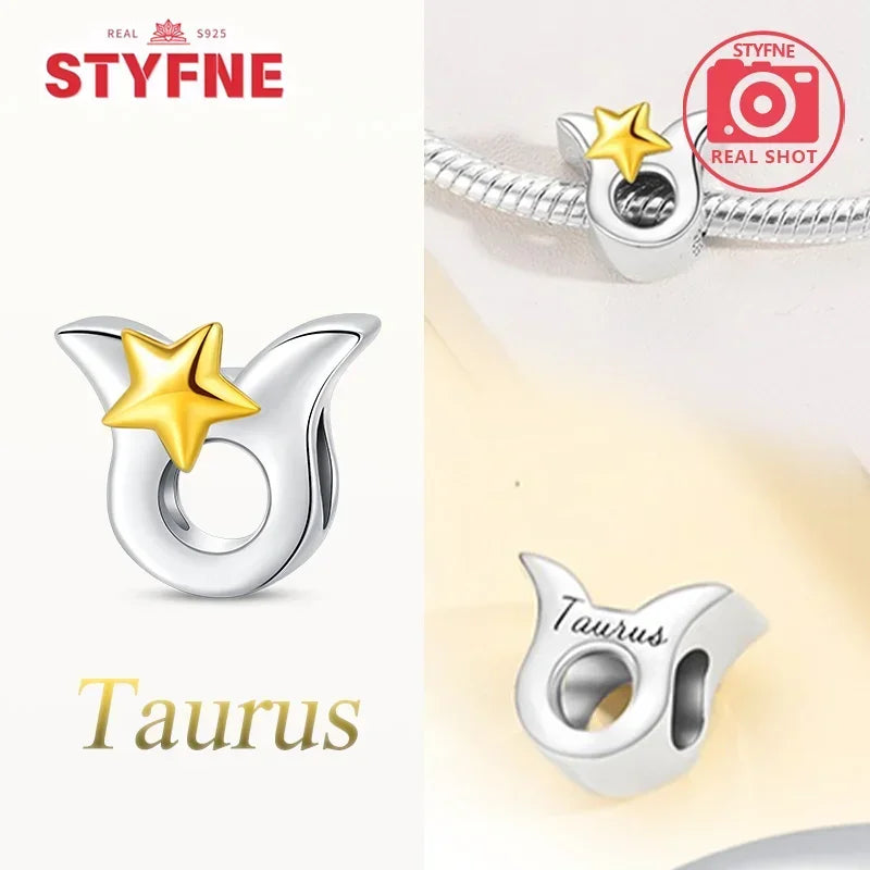 925 Silver Plated Twelve Constellations Charms Star Beads for Bracelet DIY Jewelry