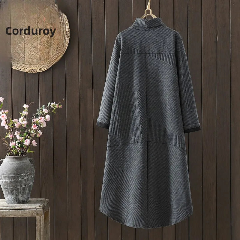 Retro Artistic High Collar Midi Dress – Autumn Winter Loose Fit Plus Size Korean Style Color-Block Commuting Dress for Women
