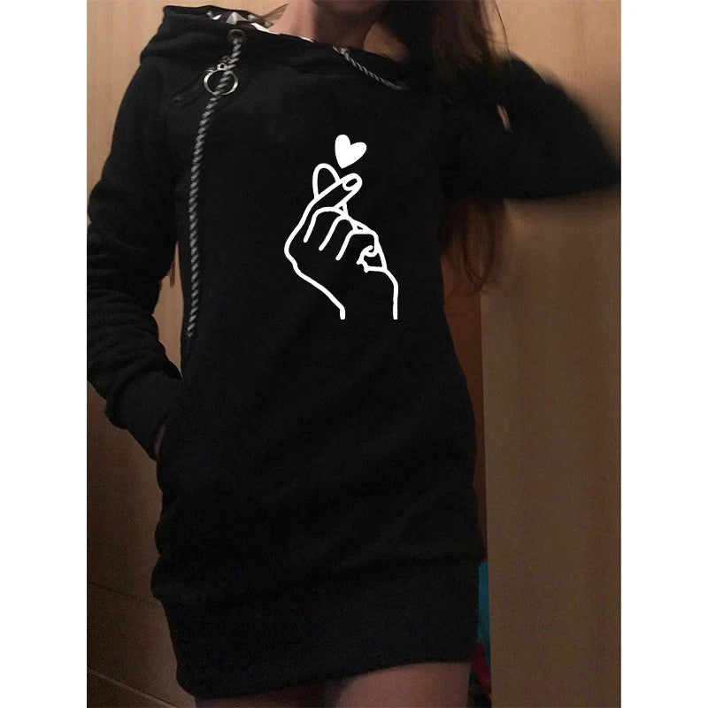 Trending Printed Autumn Winter Women’s Slim Fit Hoodie Dress – Long Sleeve Sweater Hoodie Dress for Casual Fashion