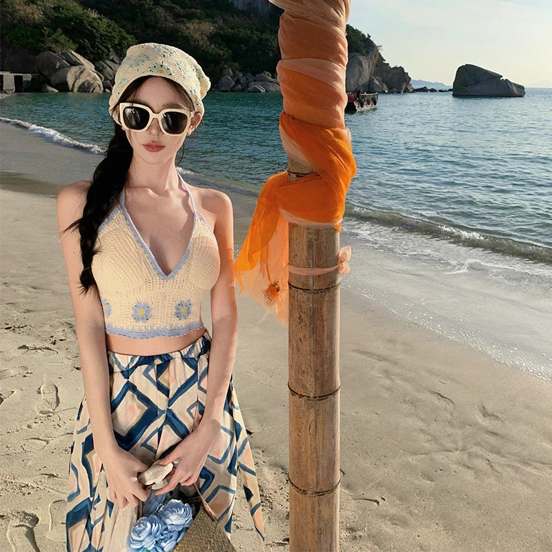 Vacation Style High Waist Wide Leg Pants – Thin Long Ethnic Print Pants for Beach & Holiday Wear