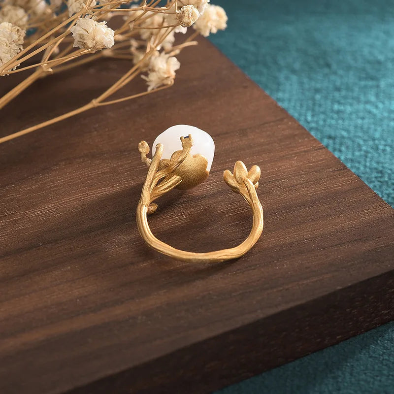 PANJBJ 925 Sterling Silver Hotan Jade Geometric Adjustable Ring | Retro Delicate Jewelry Gift for Women